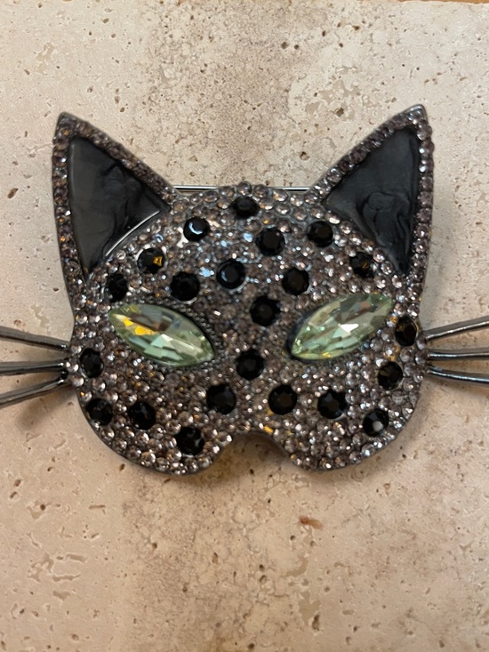 Saks Fifth Avenue Jewelry - Crystal Cat Face Brooch with Green Crystal Eyes